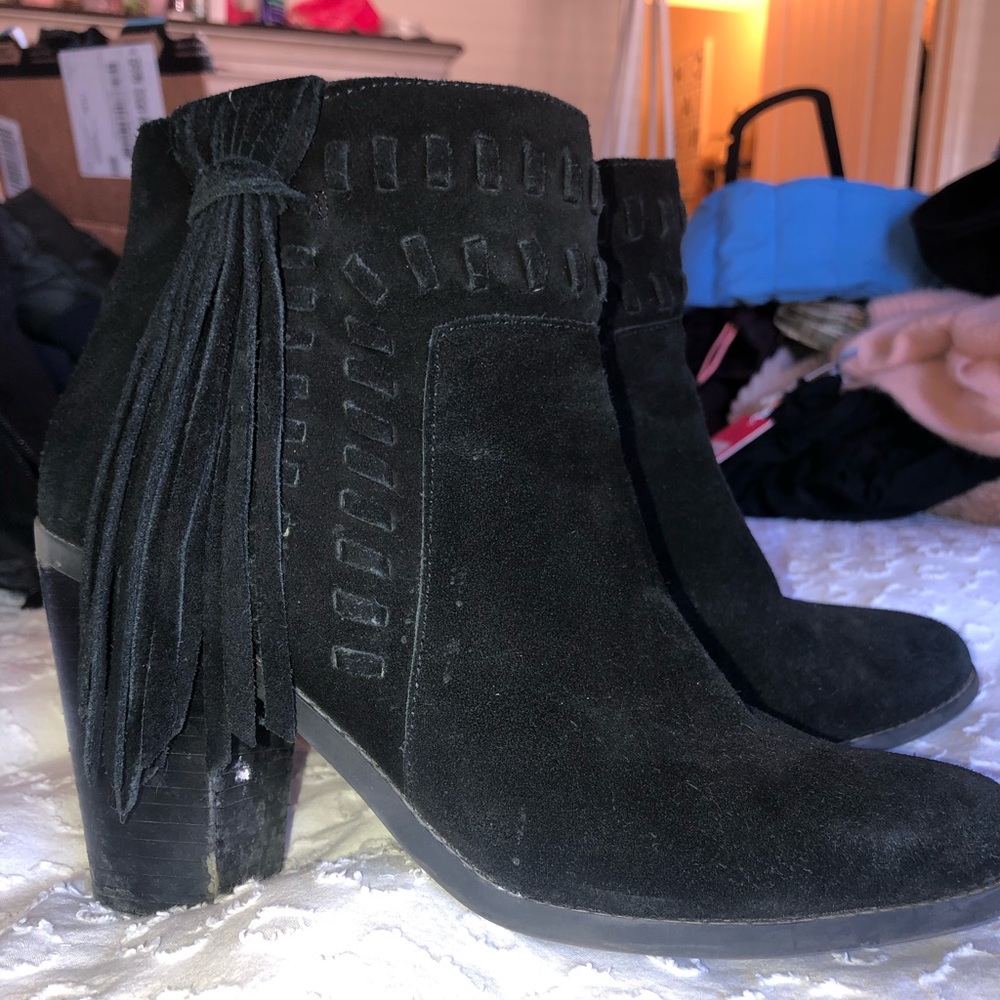 Black fringe booties